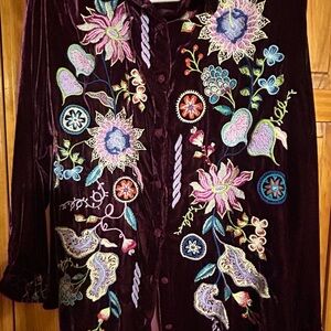 Johnny Was Burgundy Velvet Top with Floral Embroidery